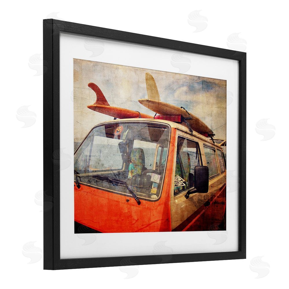 Grotto Studios Surf Bus Vintage Distressed Black Framed Print Under Glass Wall Art