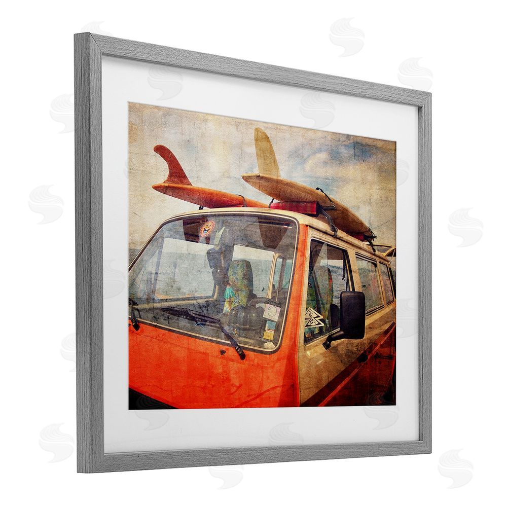Grotto Studios Surf Bus Vintage Distressed Gray Framed Print Under Glass Wall Art