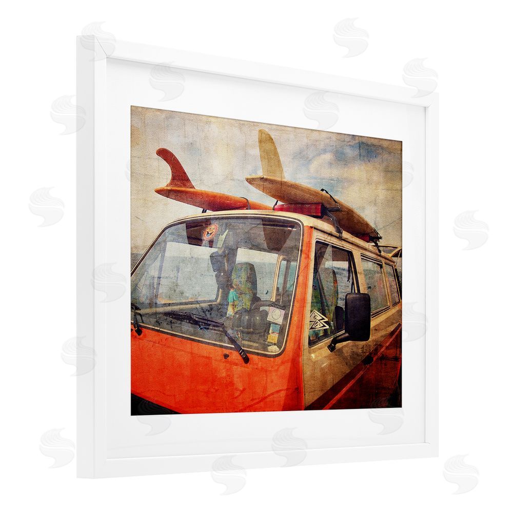 Grotto Studios Surf Bus Vintage Distressed White Framed Print Under Glass Wall Art