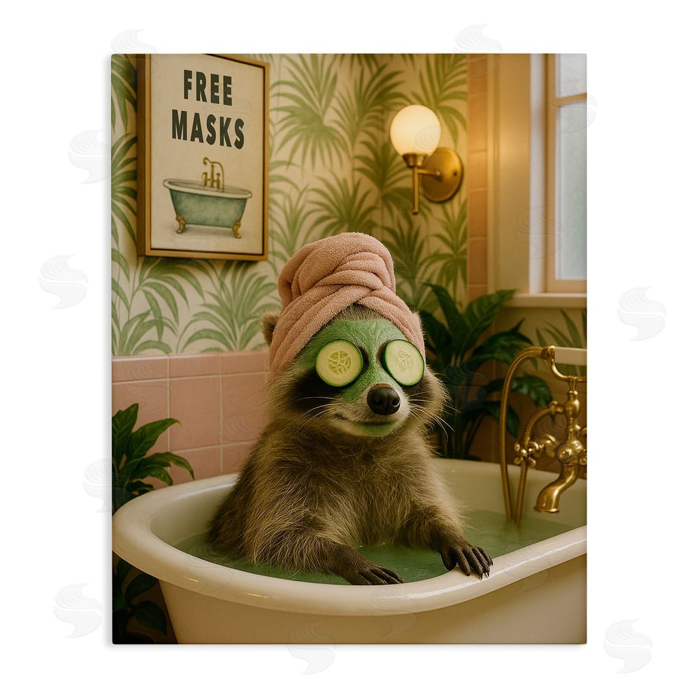 Grotto Studios Raccoon Spa Day Bath Stretched Canvas Wall Art