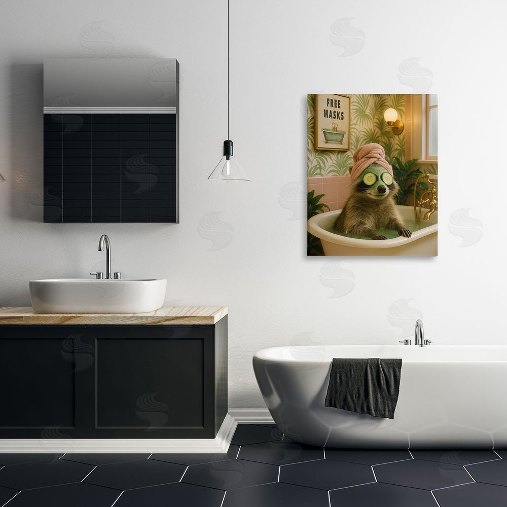 Grotto Studios Raccoon Spa Day Bath Stretched Canvas Wall Art in Room