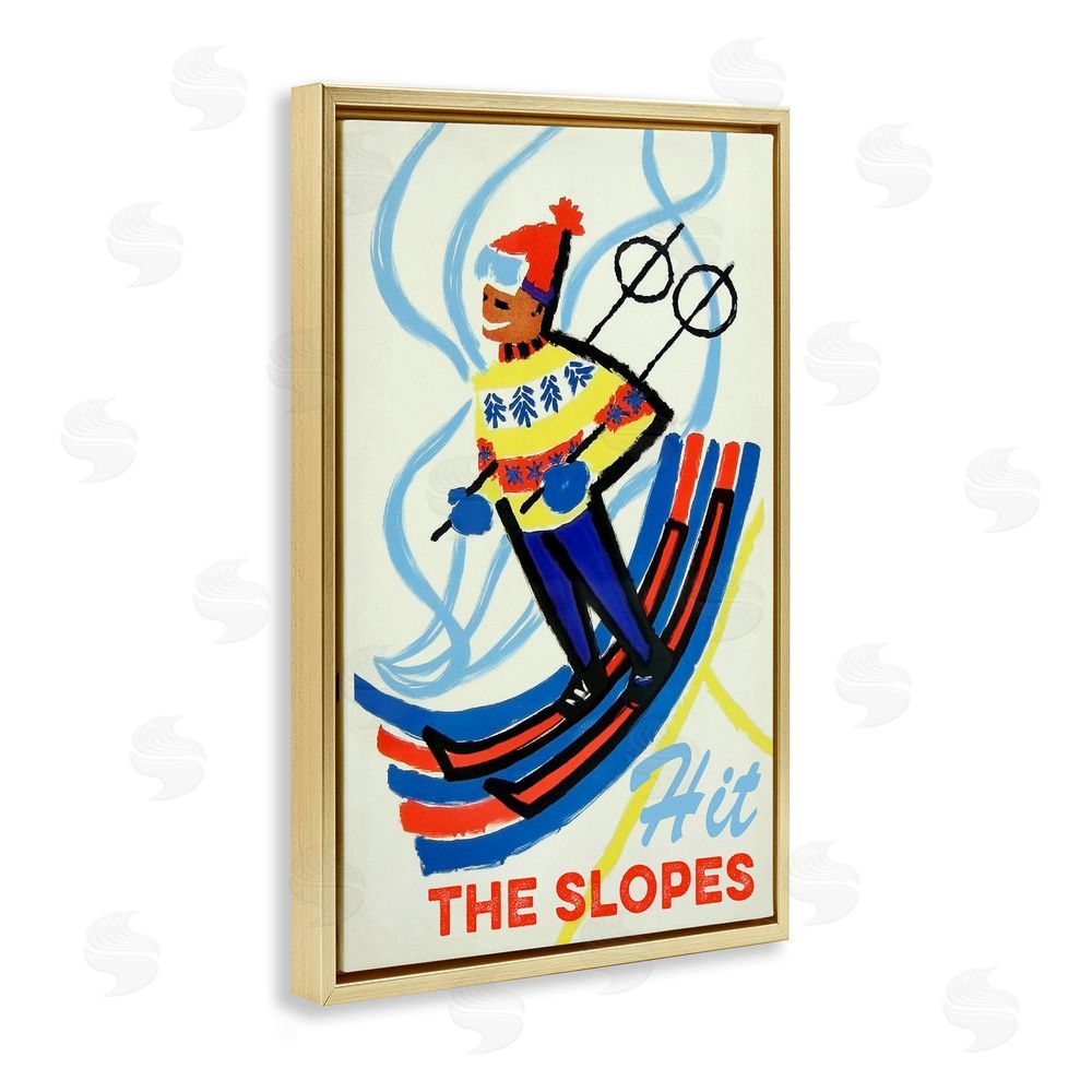 Grotto Studios Vintage Hit The Slopes Gold Floating Frame Canvas Wall Art Print