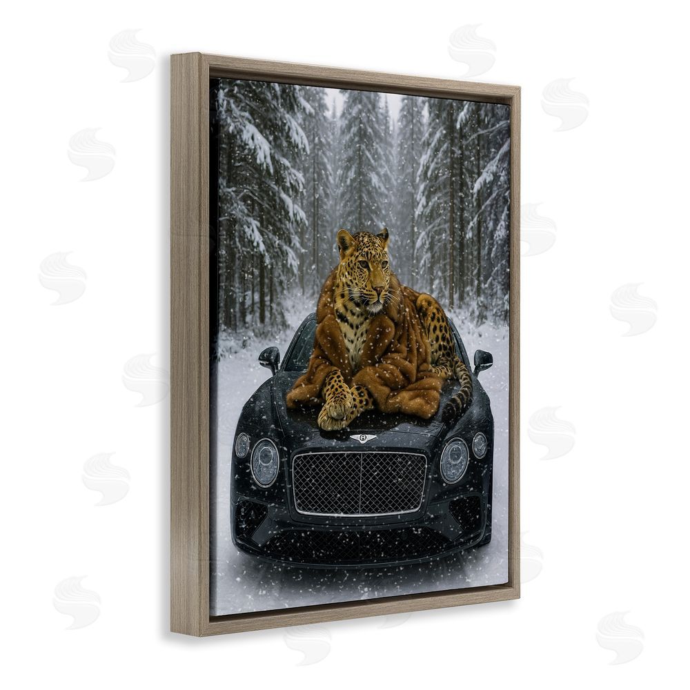 Grotto Studios Luxurious Leopard Winter Woods Brown Floating Frame Canvas Wall Art Print