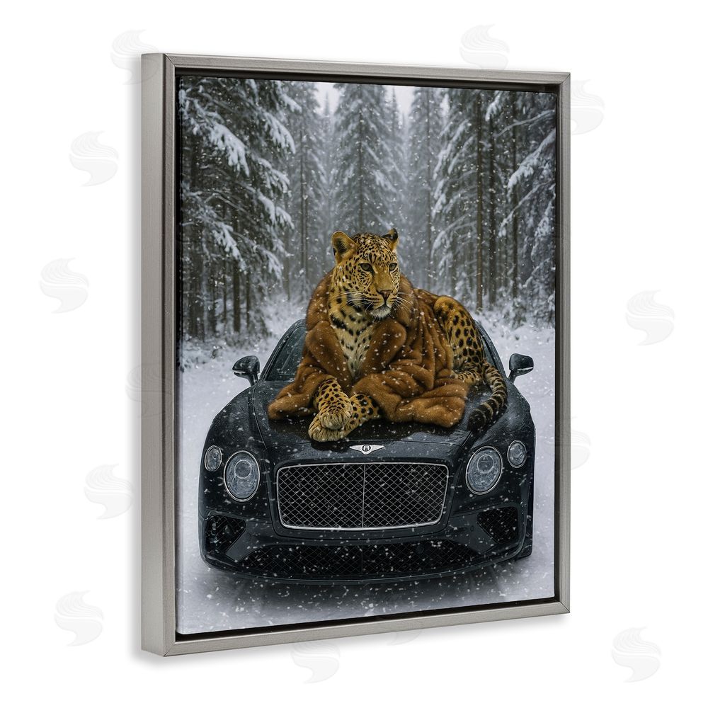 Grotto Studios Luxurious Leopard Winter Woods Gray Floating Frame Canvas Wall Art Print