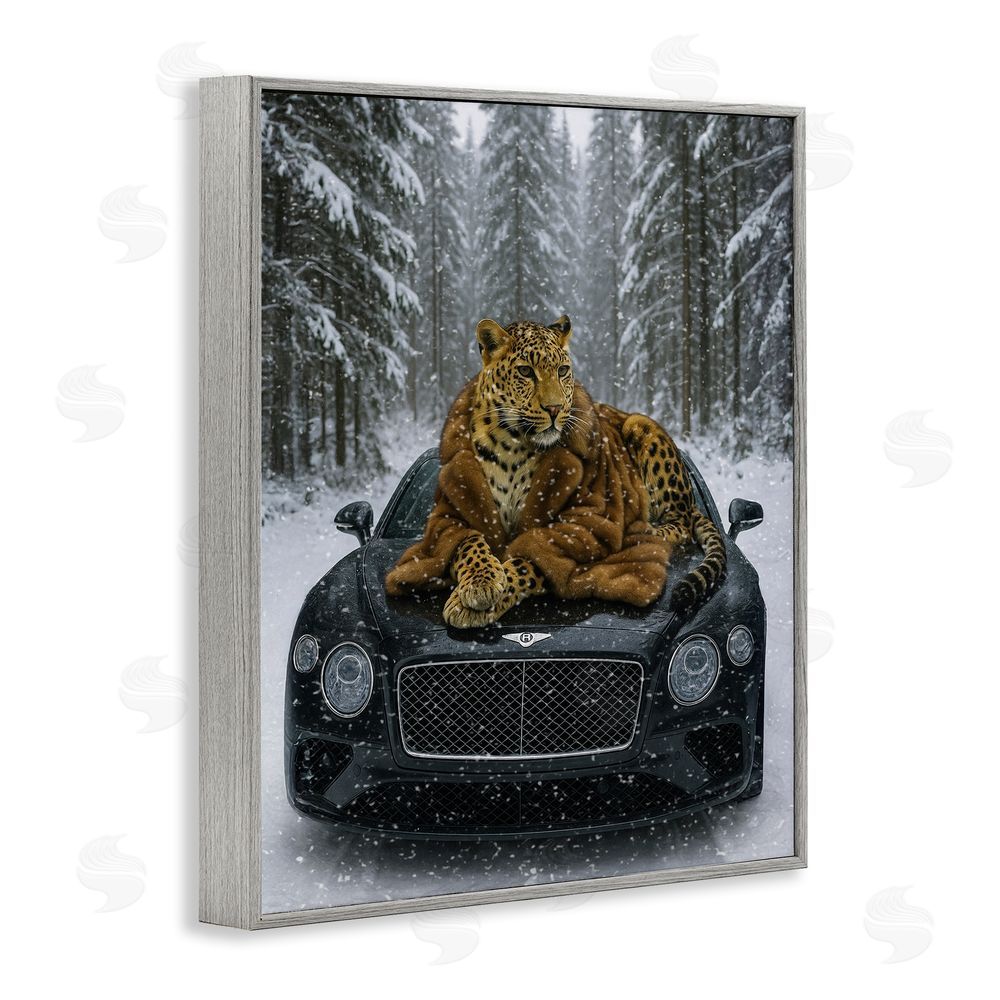 Grotto Studios Luxurious Leopard Winter Woods Gray Framed Giclee Wall Art Print