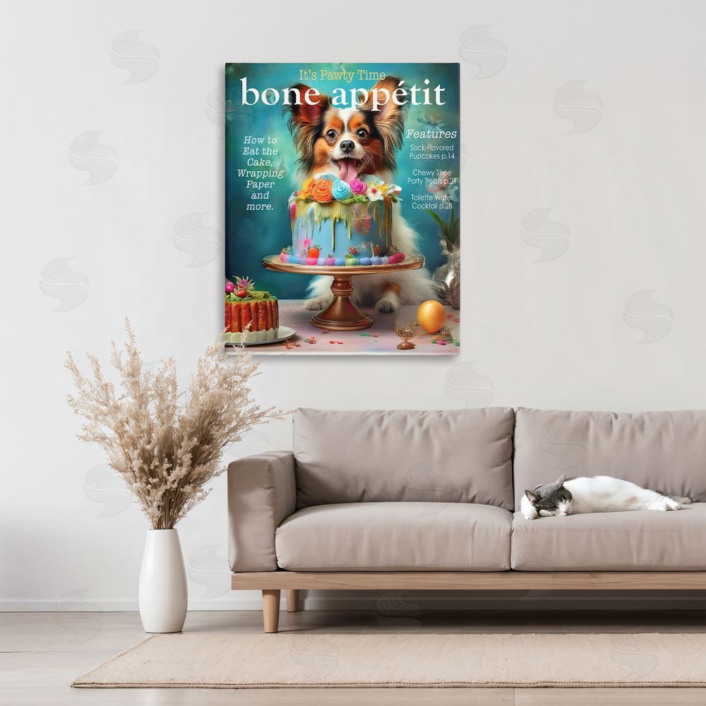 Grotto Studios Bone Appetit Dog Magazine Parody Stretched Canvas Wall Art in Room