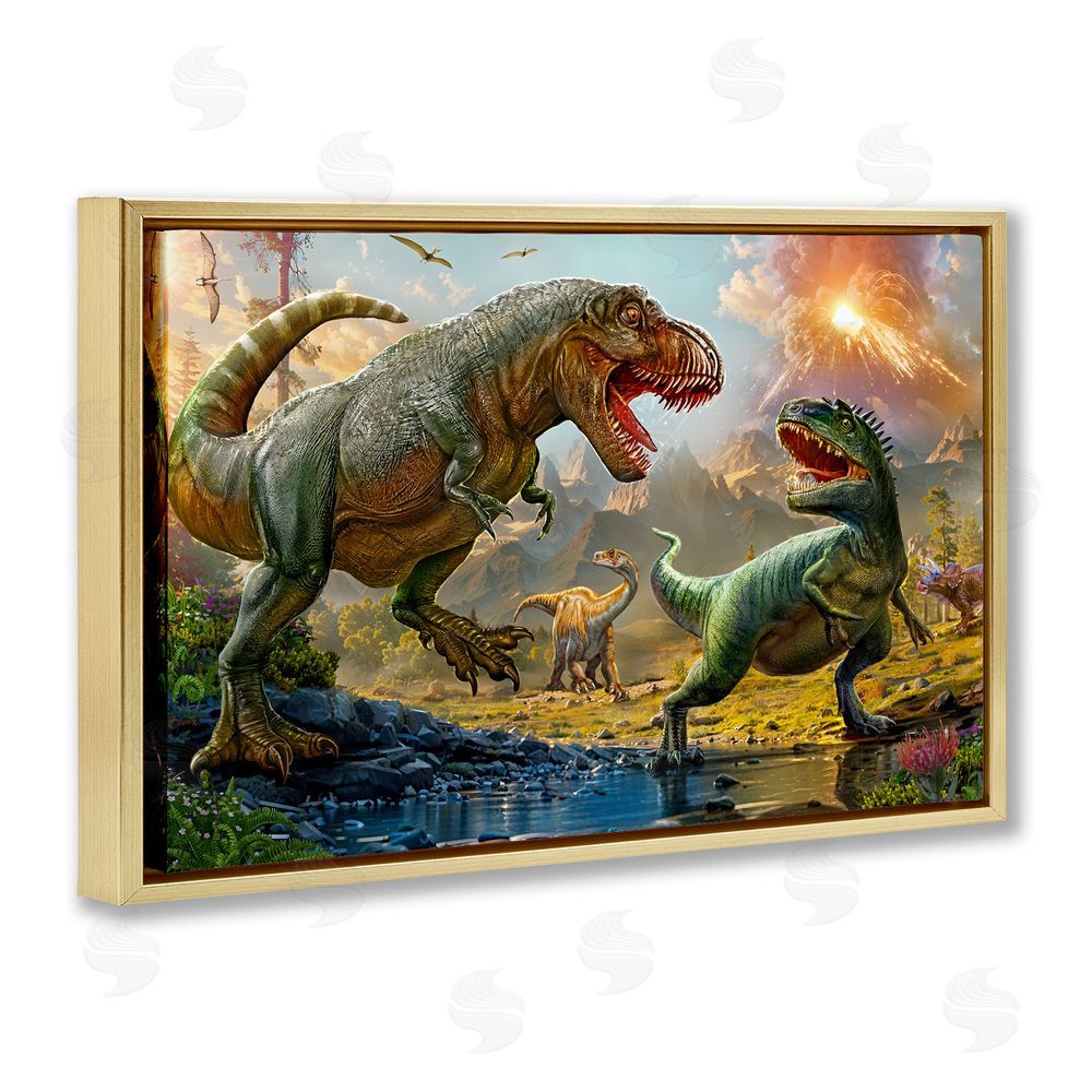 Henriette Chinaglia T-Rex Encounter at Riverbank Gold Floating Frame Canvas Wall Art Print