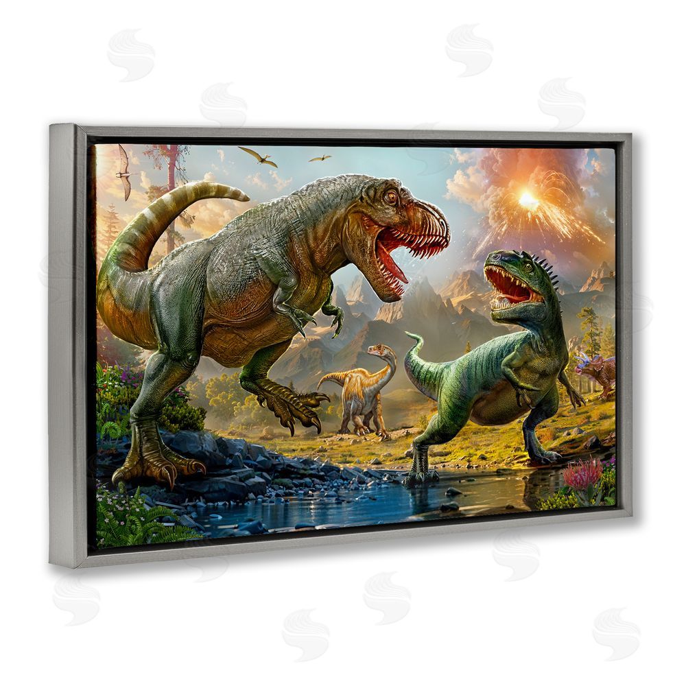 Henriette Chinaglia T-Rex Encounter at Riverbank Gray Floating Frame Canvas Wall Art Print