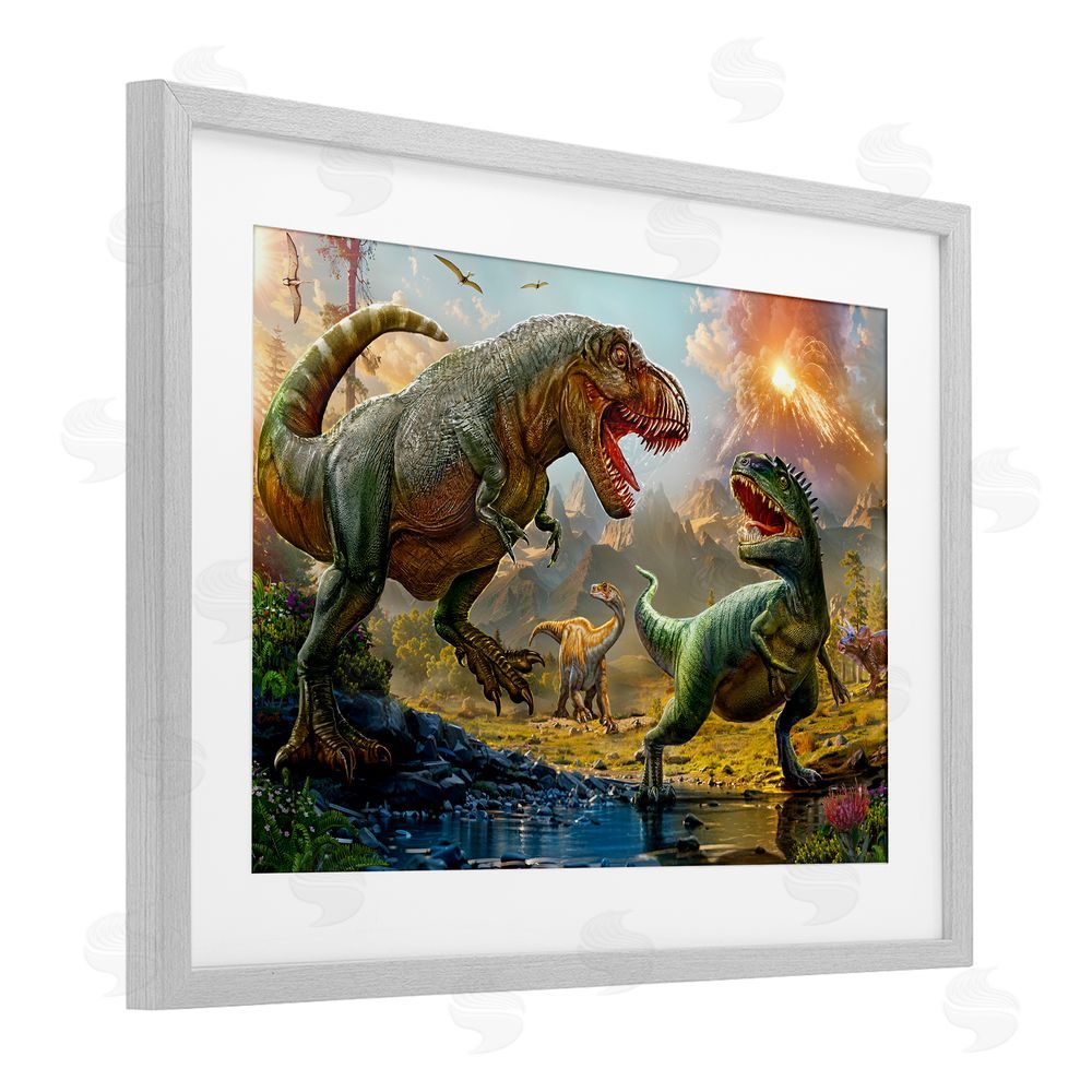 Henriette Chinaglia T-Rex Encounter at Riverbank Gray Framed Print Under Glass Wall Art