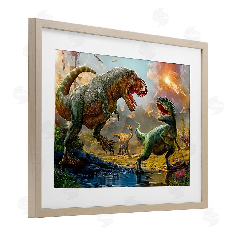 Henriette Chinaglia T-Rex Encounter at Riverbank Brown Framed Print Under Glass Wall Art