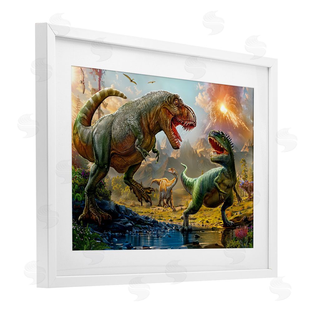 Henriette Chinaglia T-Rex Encounter at Riverbank White Framed Print Under Glass Wall Art