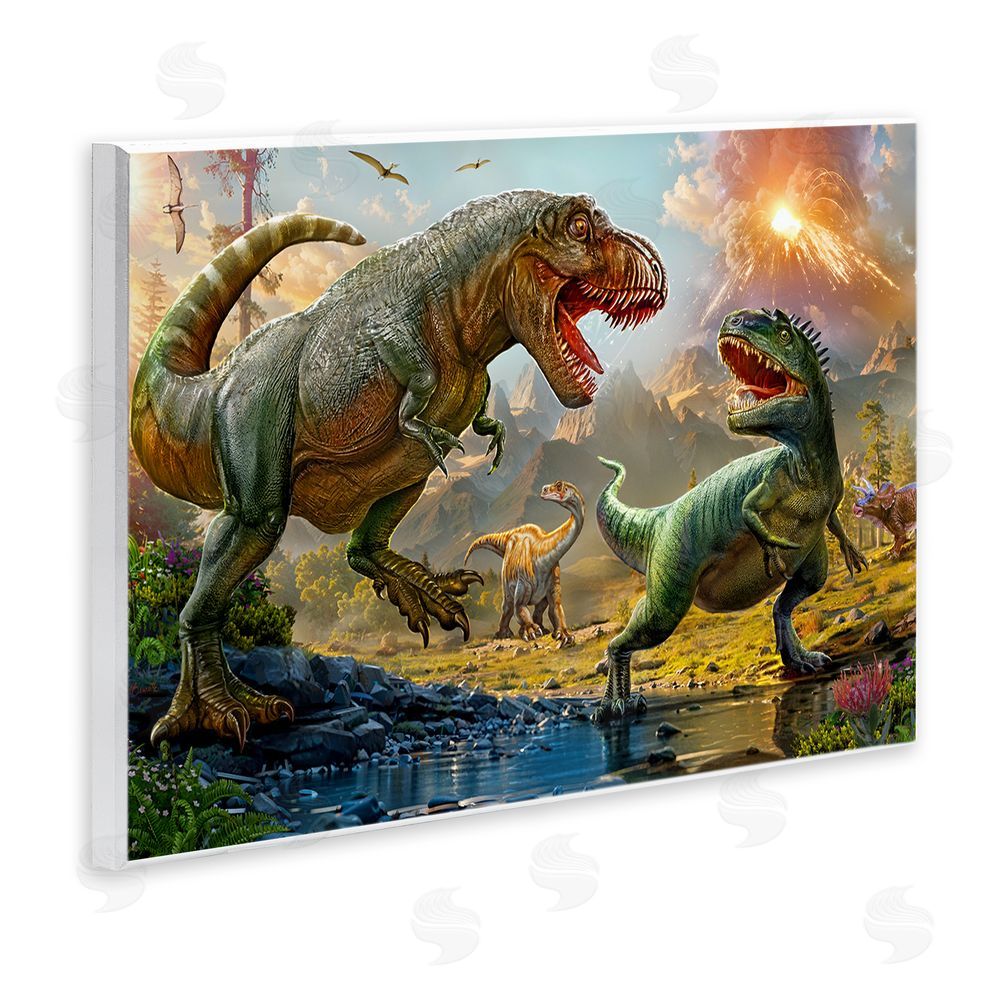 Henriette Chinaglia T-Rex Encounter at Riverbank Wooden Wall Plaque Art Print