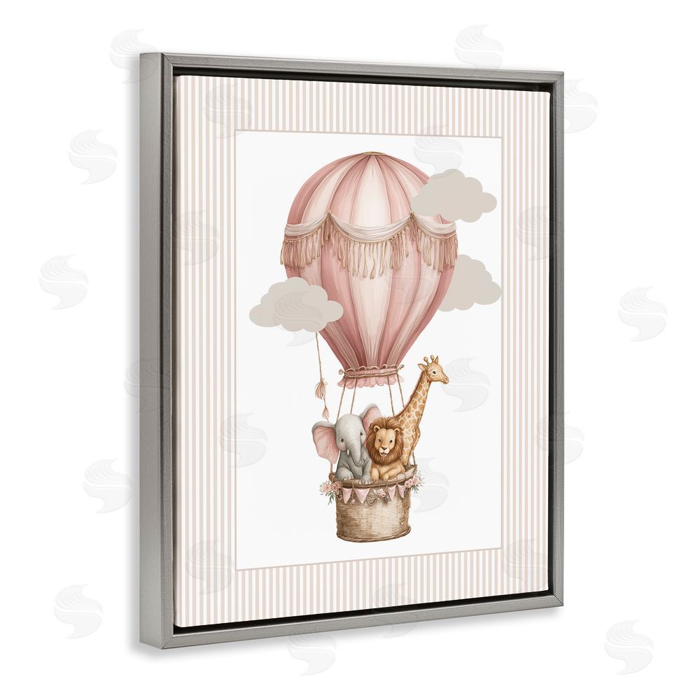 Christine Simpson Art Hot Air Balloon Animals Pink Gray Floating Frame Canvas Wall Art Print