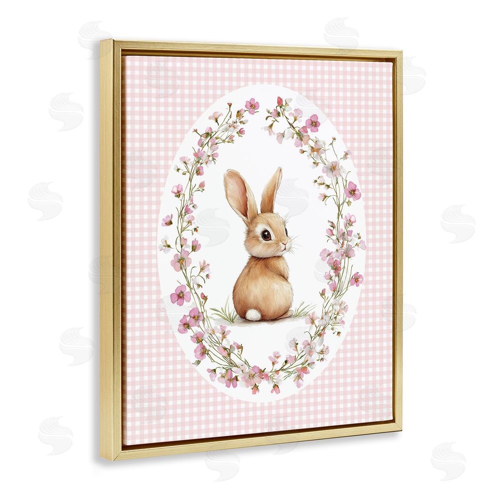 Christine Simpson Art Spring Gingham Rabbit Gold Floating Frame Canvas Wall Art Print