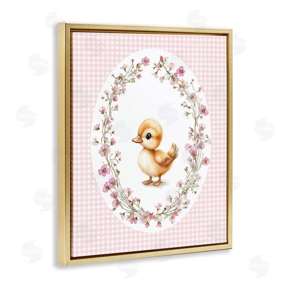 Christine Simpson Art Spring Gingham Duckling Gold Floating Frame Canvas Wall Art Print