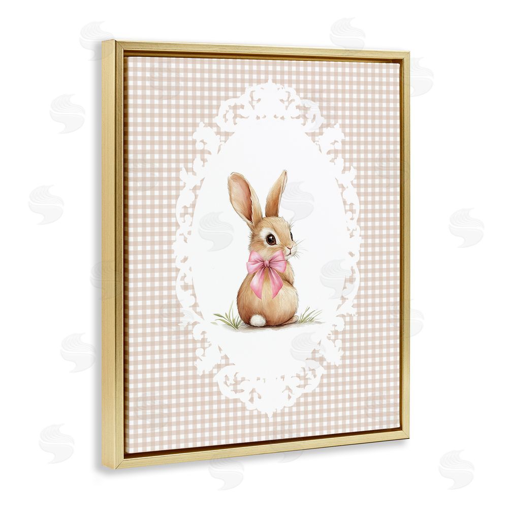 Christine Simpson Art Vintage Bow & Gingham Bunny Gold Floating Frame Canvas Wall Art Print