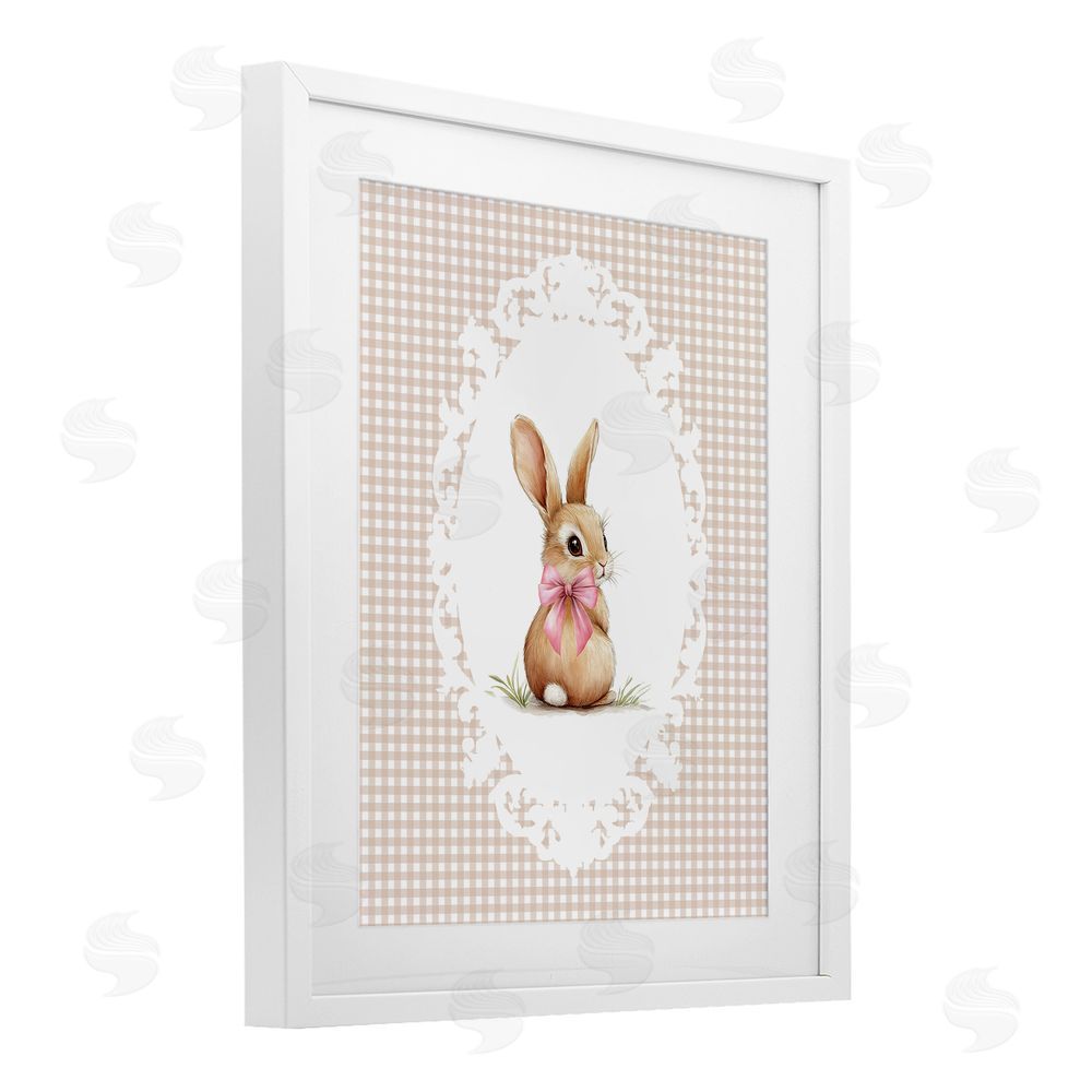 Christine Simpson Art Vintage Bow & Gingham Bunny White Framed Print Under Glass Wall Art