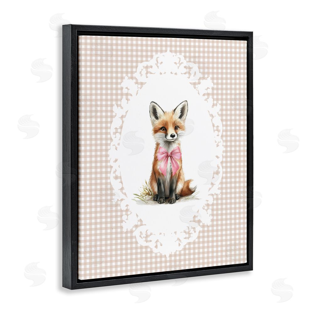 Christine Simpson Art Vintage Bow Fox on Gingham Black Floating Frame Canvas Wall Art Print