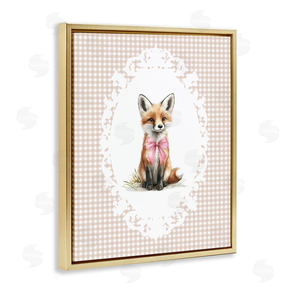 Christine Simpson Art Vintage Bow Fox on Gingham Gold Floating Frame Canvas Wall Art Print