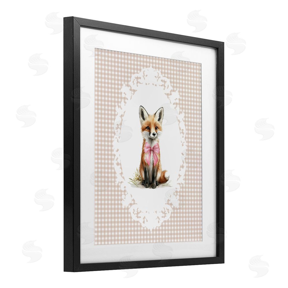 Christine Simpson Art Vintage Bow Fox on Gingham Black Framed Print Under Glass Wall Art
