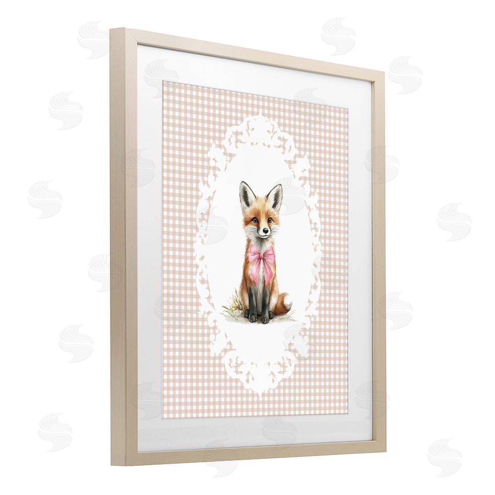Christine Simpson Art Vintage Bow Fox on Gingham Brown Framed Print Under Glass Wall Art