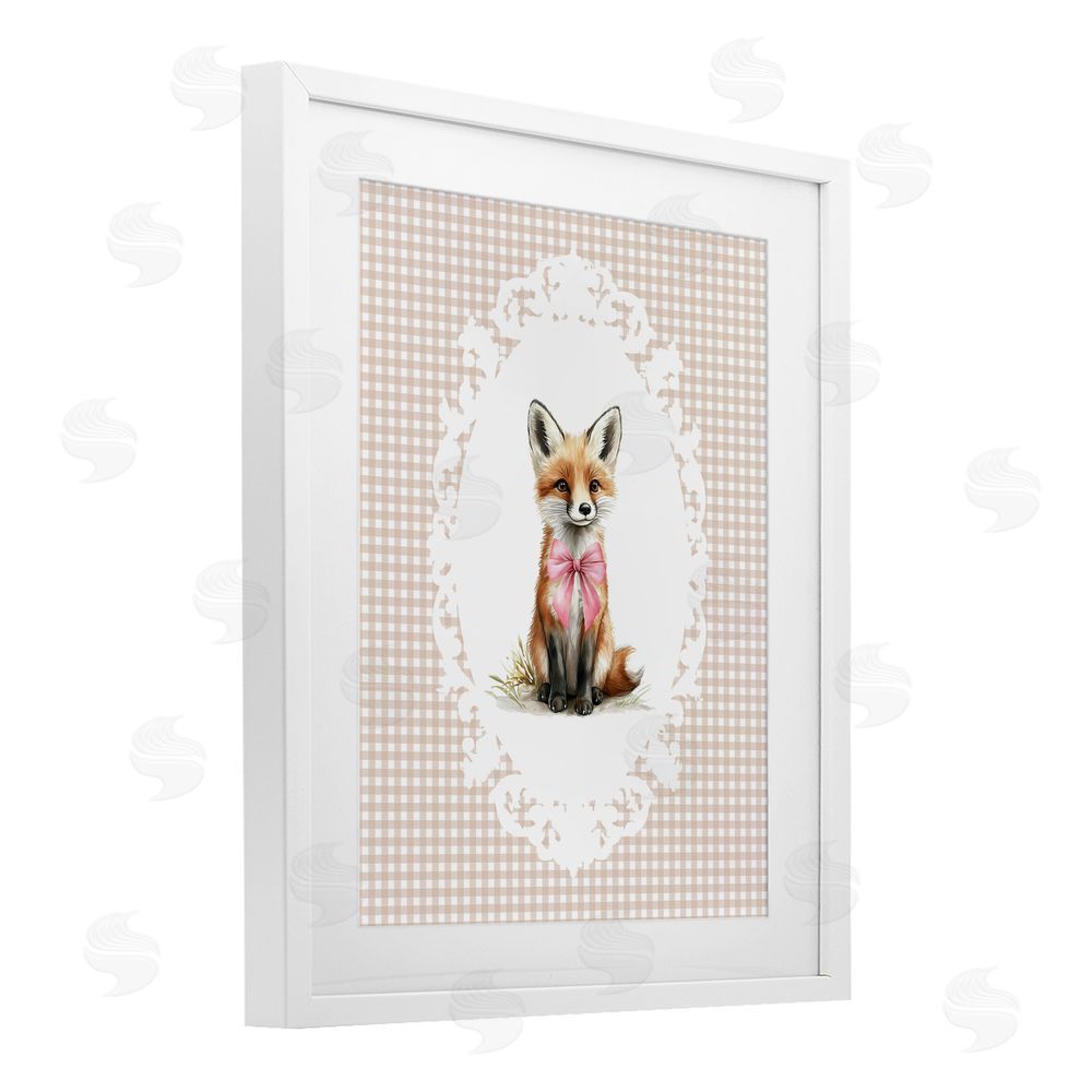 Christine Simpson Art Vintage Bow Fox on Gingham White Framed Print Under Glass Wall Art