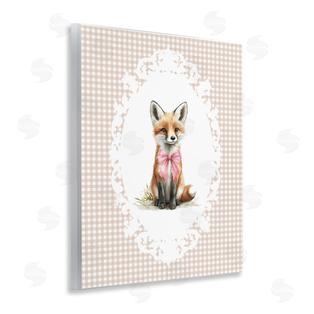 Christine Simpson Art Vintage Bow Fox on Gingham Wooden Wall Plaque Art Print