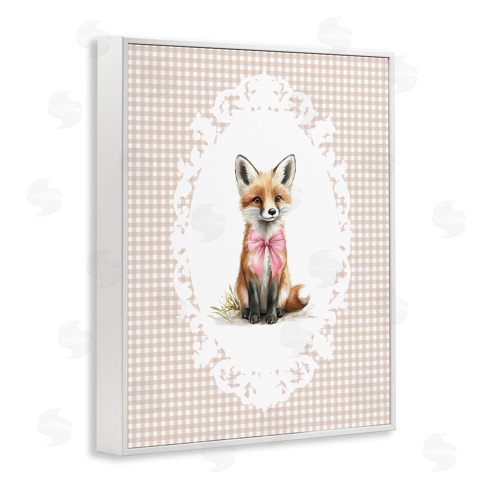 Christine Simpson Art Vintage Bow Fox on Gingham White Framed Giclee Wall Art Print