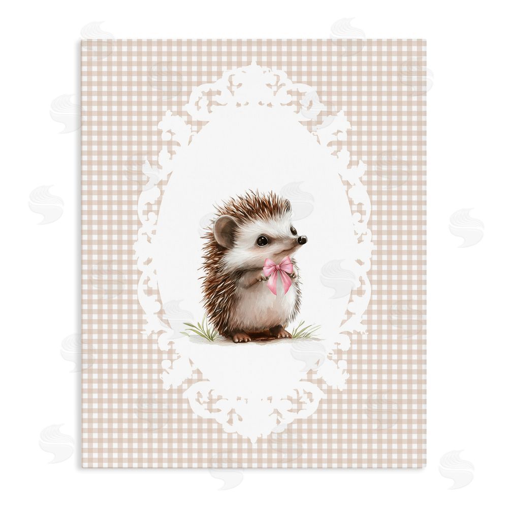 Christine Simpson Art Vintage Bow Hedgehog on Gingham Stretched Canvas Wall Art Print
