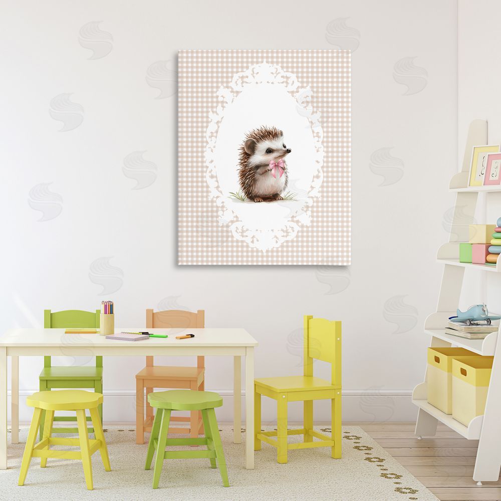Christine Simpson Art Vintage Bow Hedgehog on Gingham 