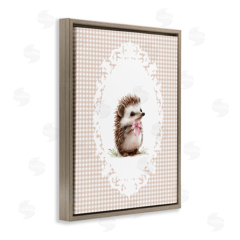 Christine Simpson Art Vintage Bow Hedgehog on Gingham Brown Floating Frame Canvas Wall Art Print