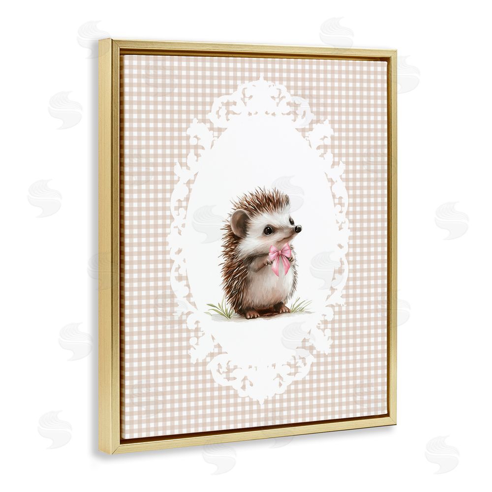 Christine Simpson Art Vintage Bow Hedgehog on Gingham Gold Floating Frame Canvas Wall Art Print