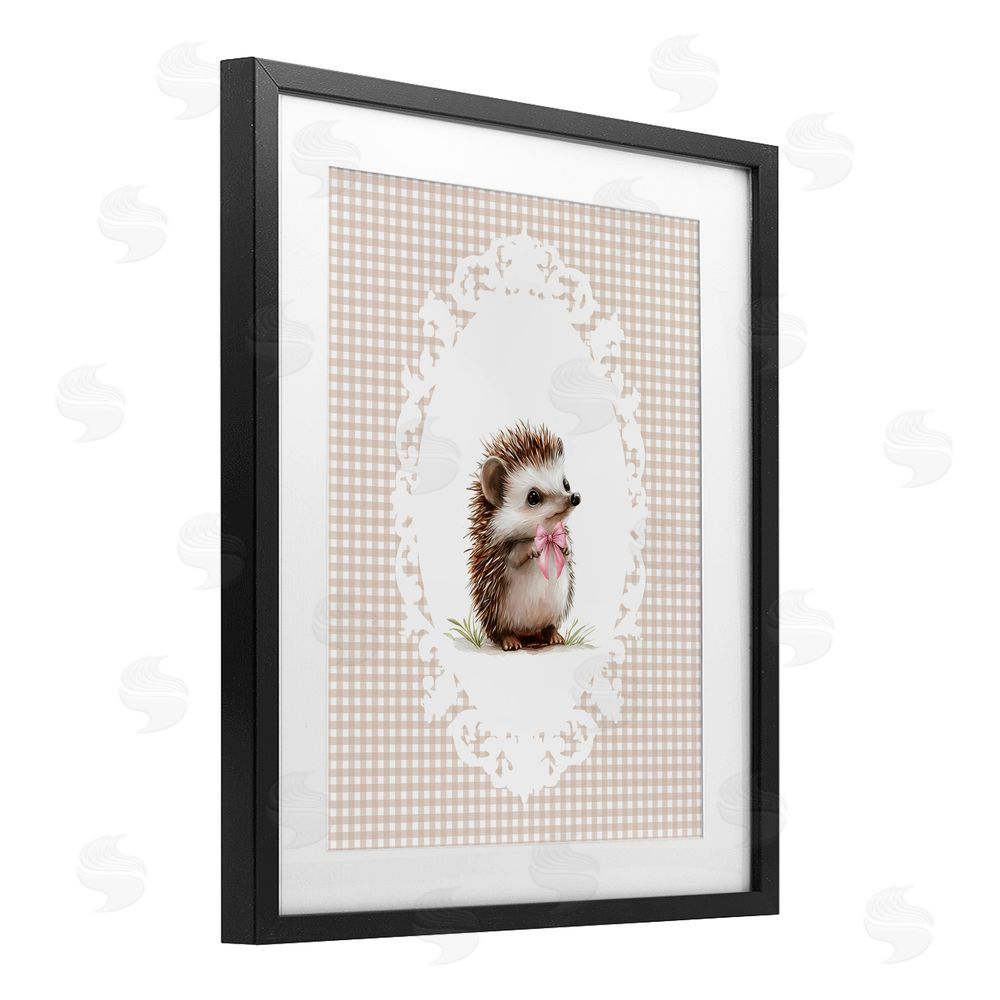 Christine Simpson Art Vintage Bow Hedgehog on Gingham Black Framed Print Under Glass Wall Art
