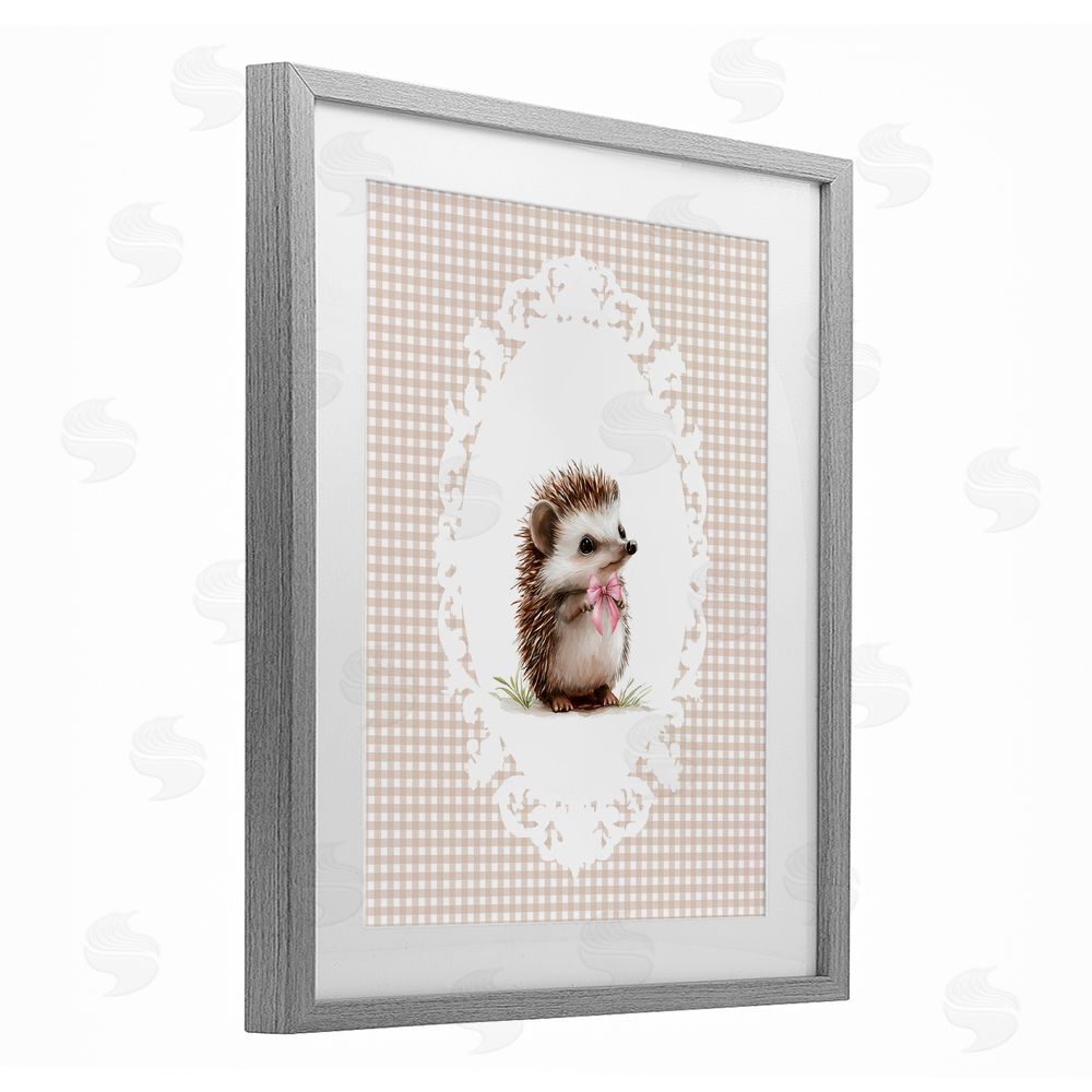 Christine Simpson Art Vintage Bow Hedgehog on Gingham Gray Framed Print Under Glass Wall Art