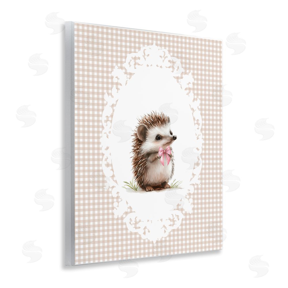 Christine Simpson Art Vintage Bow Hedgehog on Gingham Wooden Wall Plaque Art Print
