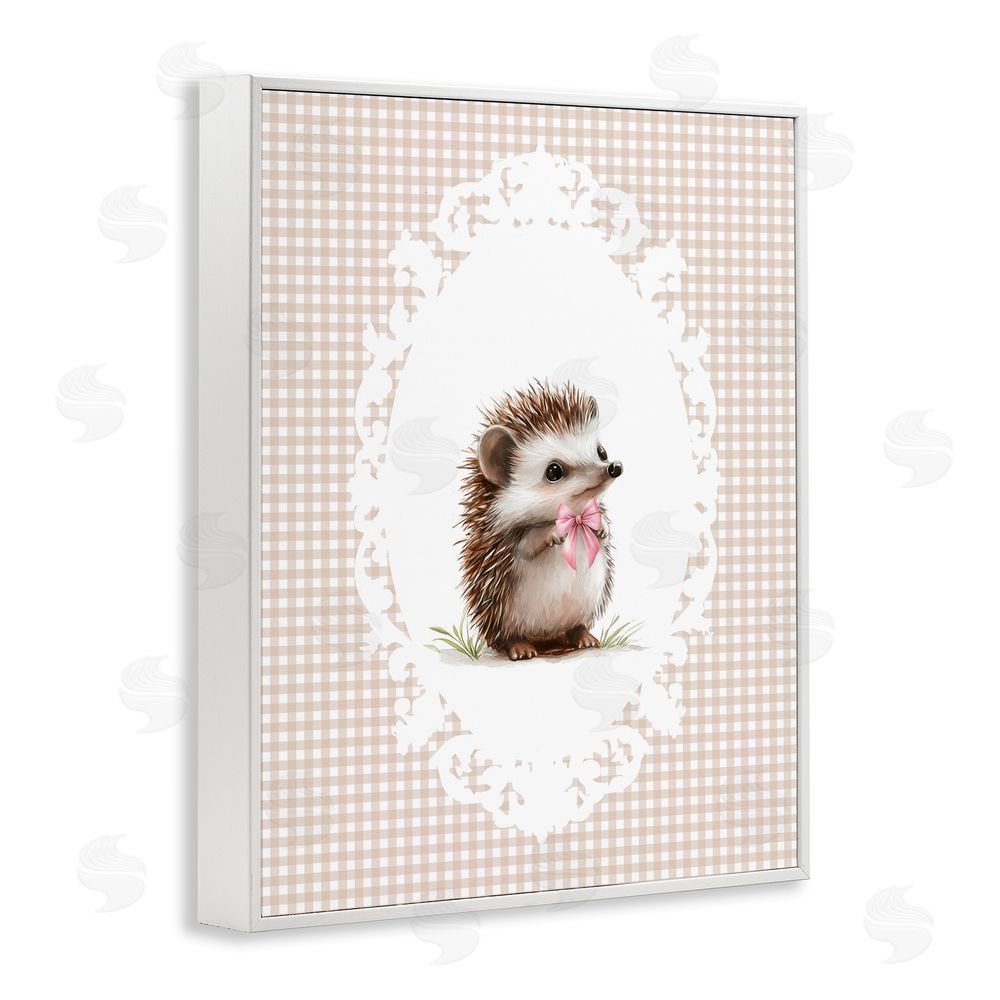 Christine Simpson Art Vintage Bow Hedgehog on Gingham White Framed Giclee Wall Art Print