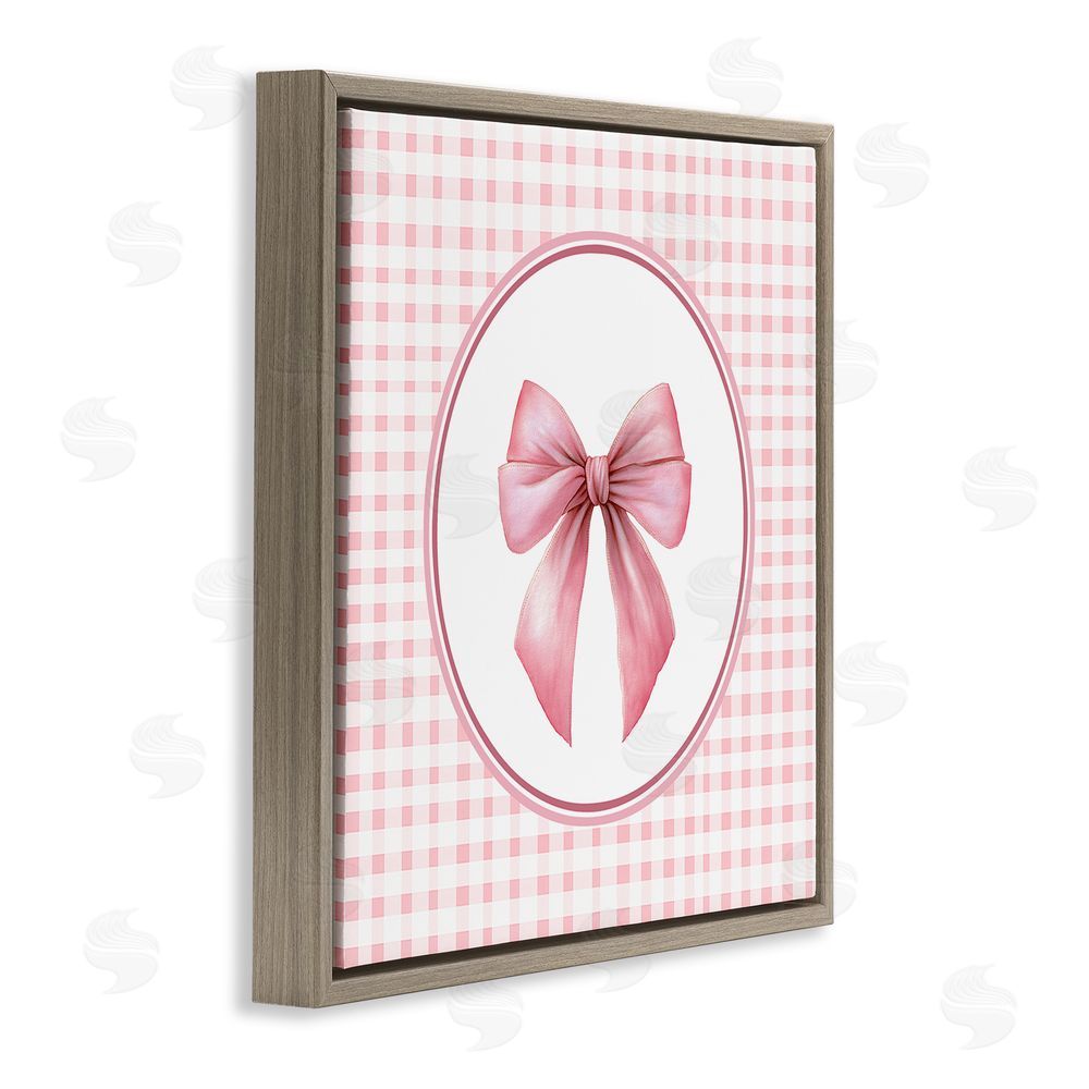 Christine Simpson Art Pink Bow with Circular Gingham Brown Floating Frame Canvas Wall Art Print
