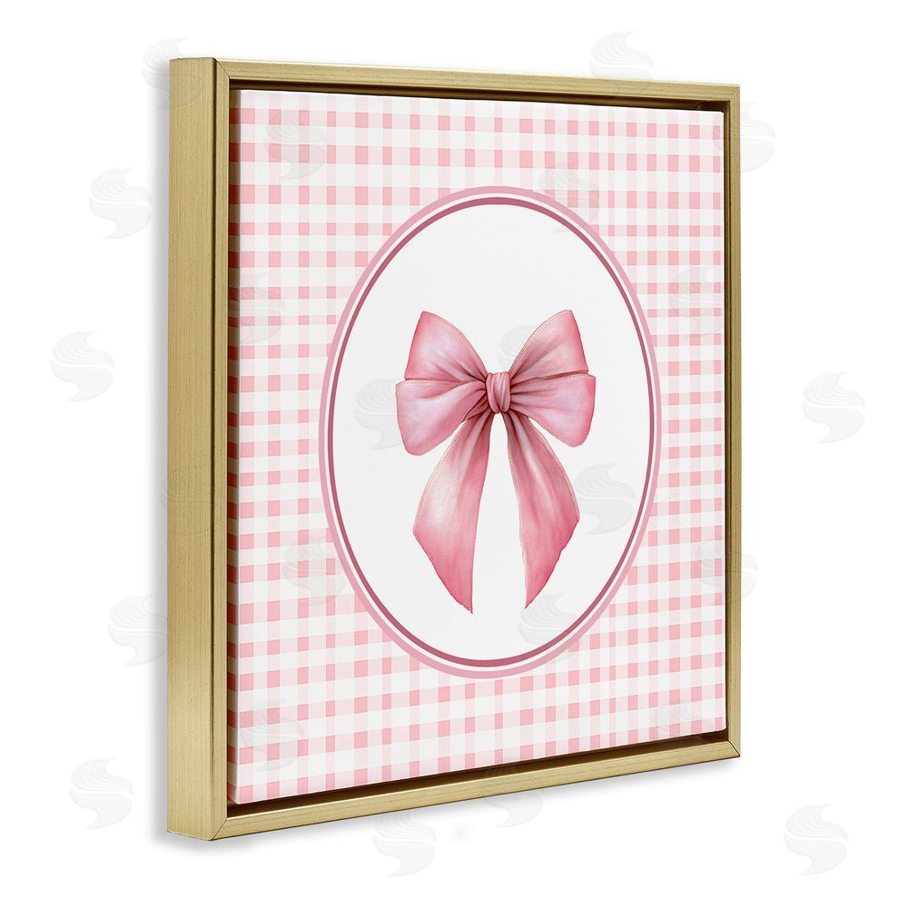 Christine Simpson Art Pink Bow with Circular Gingham Gold Floating Frame Canvas Wall Art Print