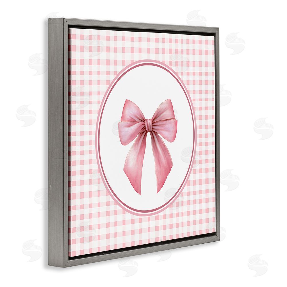 Christine Simpson Art Pink Bow with Circular Gingham Gray Floating Frame Canvas Wall Art Print