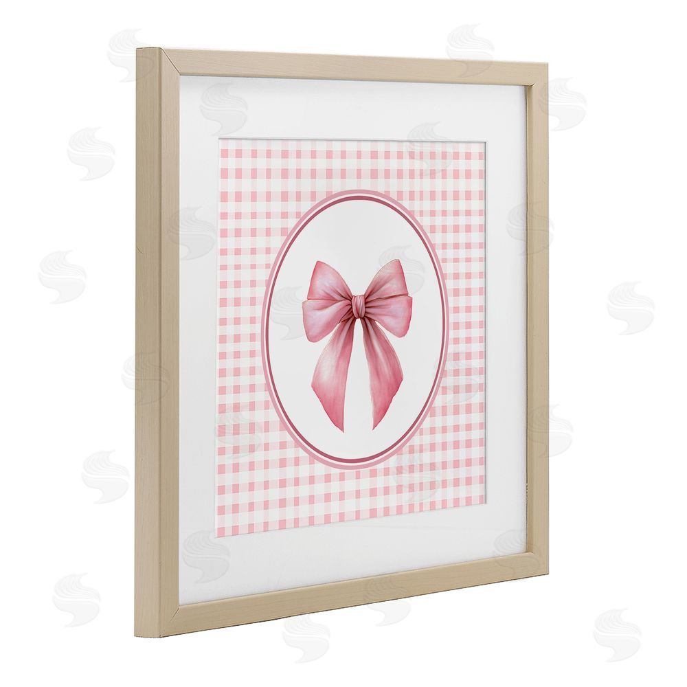 Christine Simpson Art Pink Bow with Circular Gingham Brown Framed Print Under Glass Wall Art