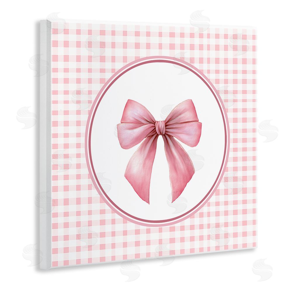 Christine Simpson Art Pink Bow with Circular Gingham Wooden Wall Plaque Art Print