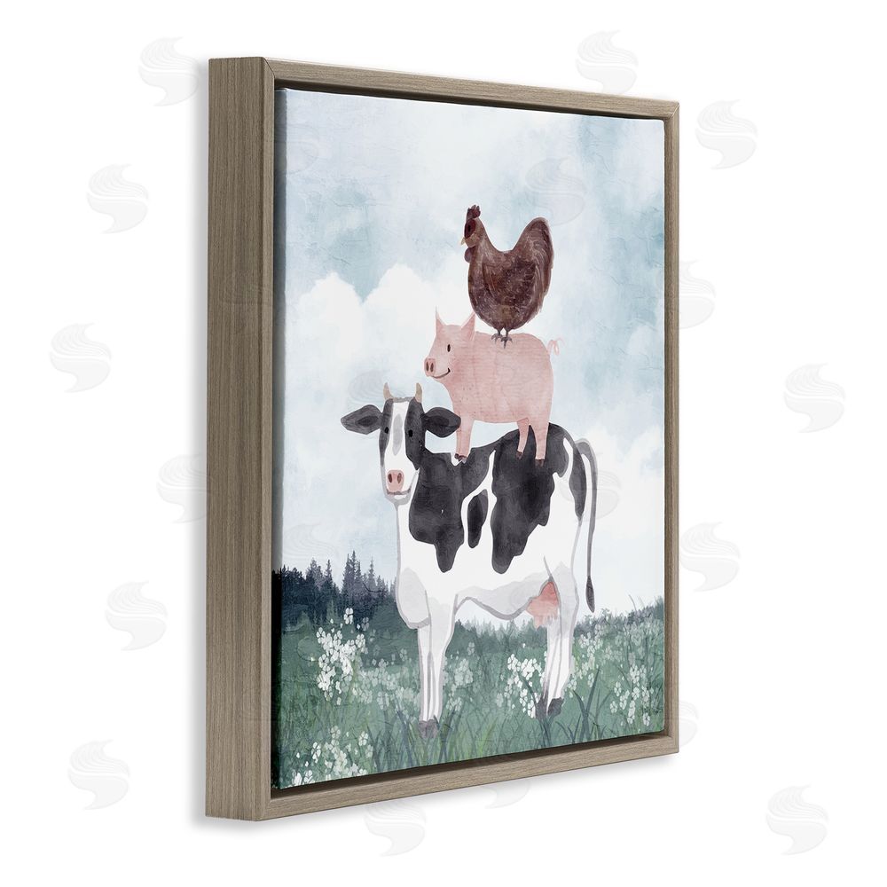 Kim Allen Muted Stacked Farm Animals Brown Floating Frame Canvas Wall Art Print