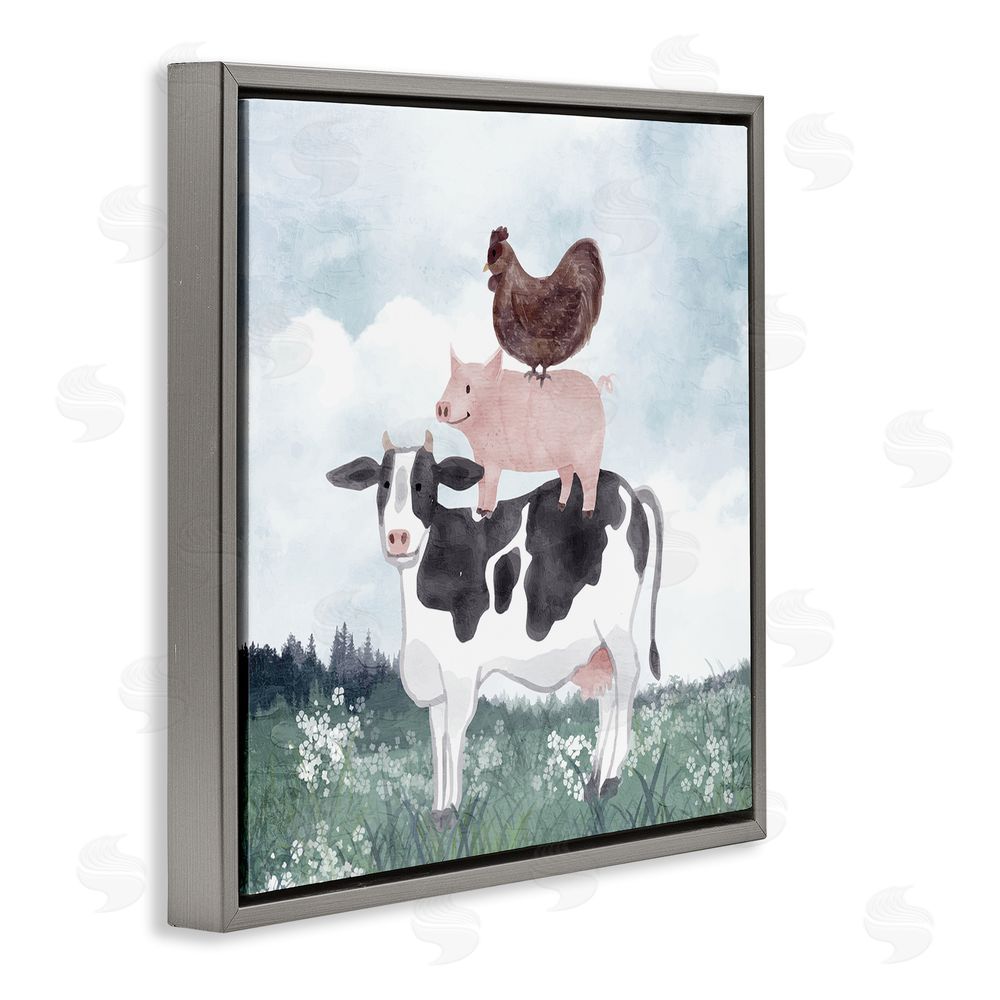 Kim Allen Muted Stacked Farm Animals Gray Floating Frame Canvas Wall Art Print