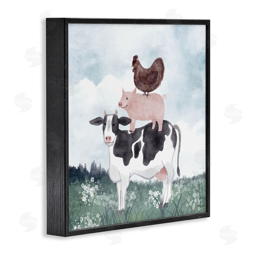 Kim Allen Muted Stacked Farm Animals Black Framed Giclee Wall Art Print