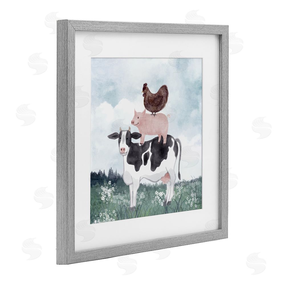 Kim Allen Muted Stacked Farm Animals Gray Framed Print Under Glass Wall Art