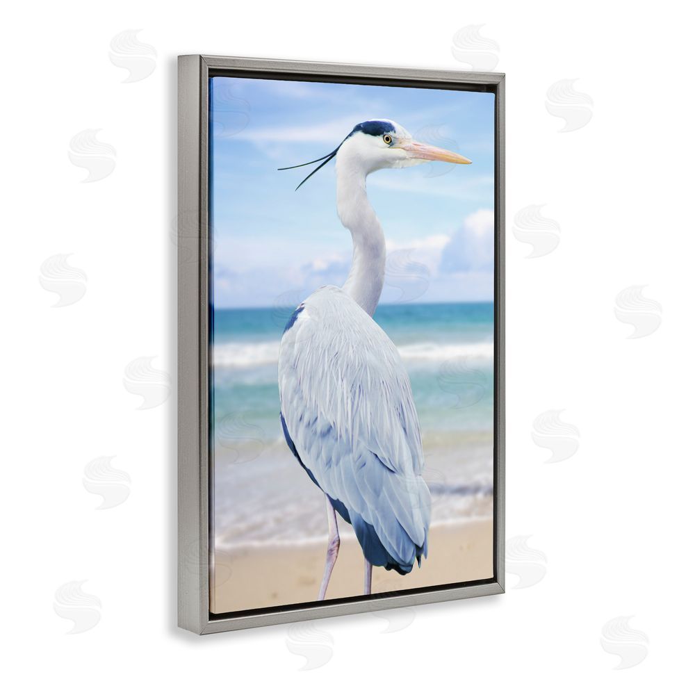 Marcus Prime Vacationing Heron by Seaside Gray Floating Frame Canvas Wall Art Print