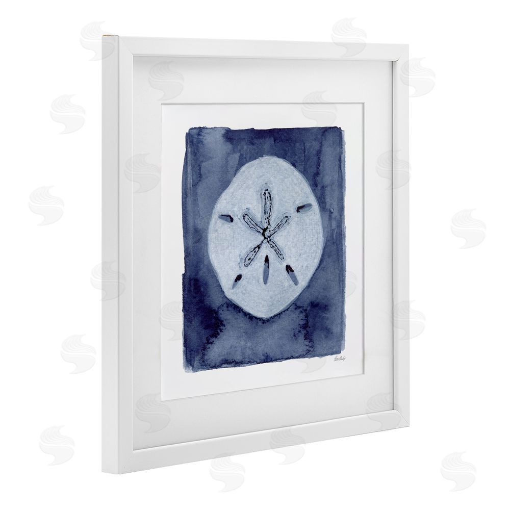 Patti Bishop White Sand Dollar on Indigo White Framed Print Under Glass Wall Art
