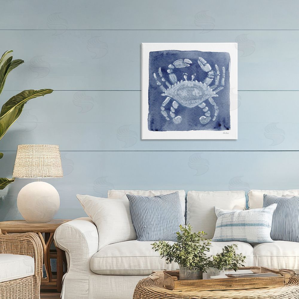 Patti Bishop White Crab on Indigo Stretched Canvas Wall Art in Room