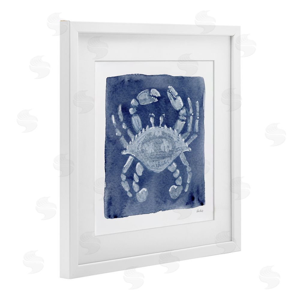 Patti Bishop White Crab on Indigo White Framed Print Under Glass Wall Art