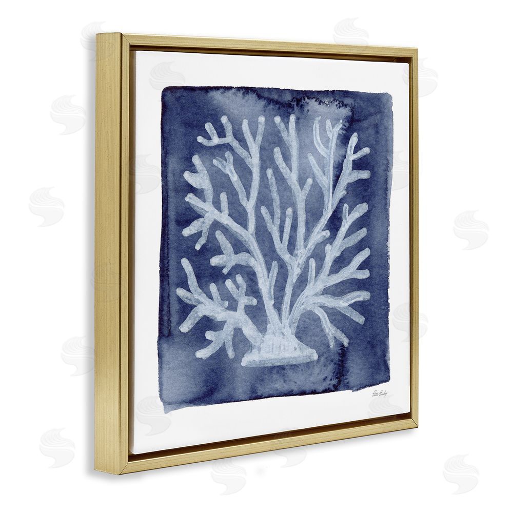 Patti Bishop White Coral on Indigo Gold Floating Frame Canvas Wall Art Print